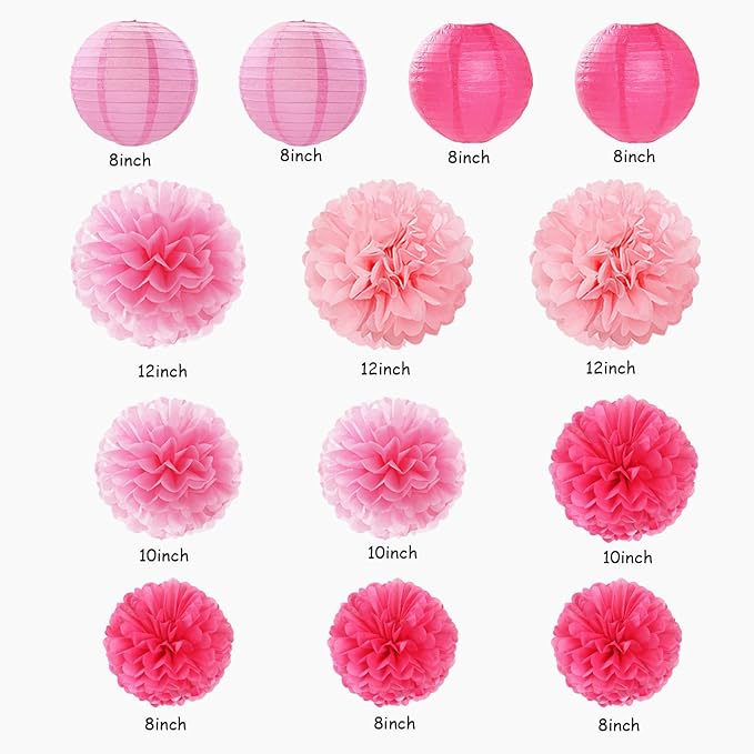 Rose Hot-Pink Party Decorations - 20pcs Paper Lanterns Fans,Tissue Pom Poms,Honeycomb Balls,Bunting,Birthday Wedding Bachelorette Baby Shower Bridal Graduation Engagement Decor Burgleda