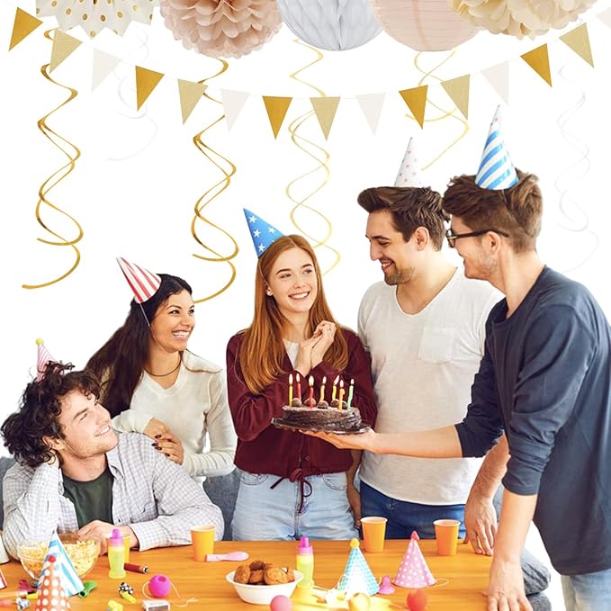 Beige-Champagne Gold White-Peach Boho Party-Decorations - 20pcs Neutral Baby Shower Rustic Wedding Paper Lanterns Fans,Tissue Pom Poms,Honeycomb Balls,Bunting,Birthday Bridal Decor Burgleda