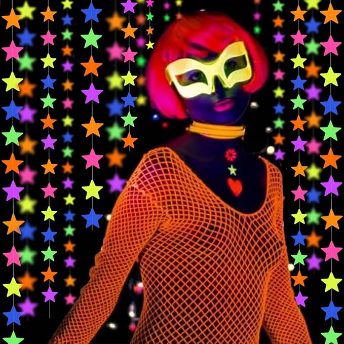 120feet UV Star Paper Neon Garland Neon Streamers Black Light Neon Decorations for Dark Glow Party UV Reactive Neon Party Favors Glow in The Dark Party Supplies for Party Wedding Birthday Banners