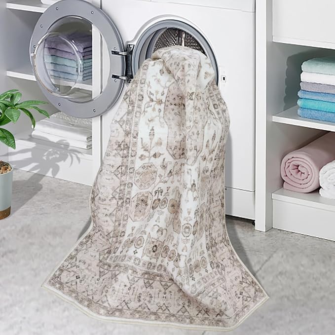 8x10 Area Rug Washable Living Room Carpet Bedroom Rug, Retro Accent Throw Distressed Rug, Easy Cleaning (Cream Beige)