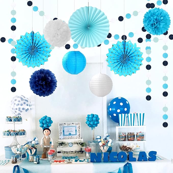 Light Royal Navy-Blue White Party-Decorations - 33pcs Kits Banner, Streamers Tassel Garland,Tissue Pom Poms Honeycomb, Paper Lantern Fans,Birthday Bachelorette Bridal Wedding Baby Shower Decor Hugtmr