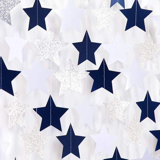 Navy-Blue White-Silver Party-Decorations Birthday Garland - 62ft Twinkle Little Star Hanging Streamers Banner,Wedding Bachelorette Bridal Baby Shower Graduation Decor Hugtmr