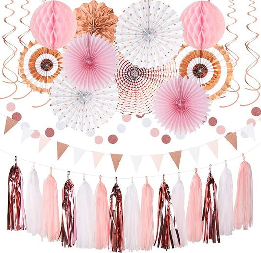 Rose-Gold Pink-White Graduation Party-Decorations - 33pcs Banner,Streamers Tassel Garland,Tissue Pom Poms Honeycomb,Paper Lantern Fan,Birthday Wedding Bridal Baby Shower Bachelorette Engagement Hugtmr
