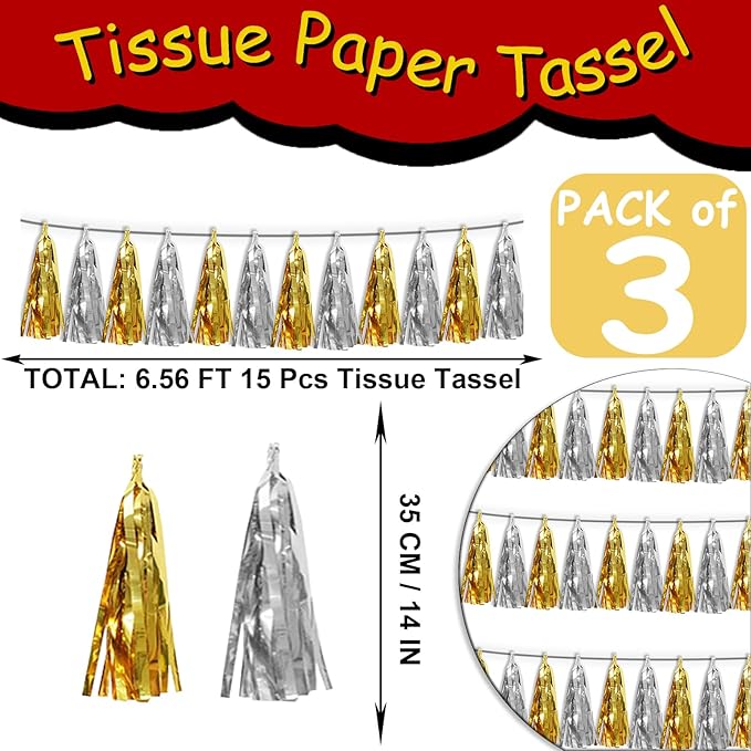 3P Gold Silver Metallic Fringe Tassel Banner Garland Foil Tinsel Streamer Wall Hanging Curtain Backdrop Banner for Parade Floats, Graduation Decorations, Father' Day, Halloween, Christmas Decorations