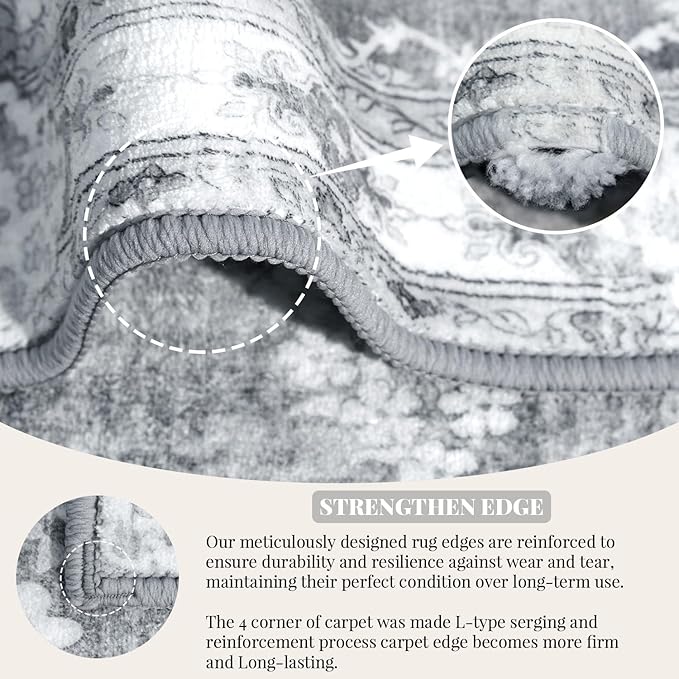 MUJOO 9’x12’ Area Rug Large Rugs for Living Room Bedroom Dining Room,Boho Washable Non Slip Bohemian Vintage Distressed Farmhouse Non Slip Big Carpet,Grey Floral Flowers