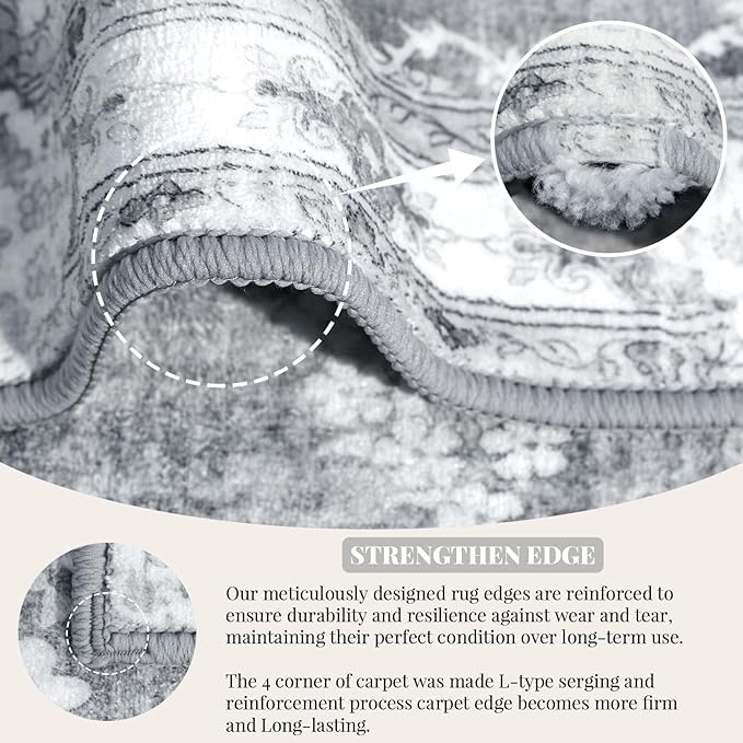 MUJOO Grey Runner Rug 2'x6', Long Washable Rug Runners for Hallways Entryway Kitchen Bathroom Bedside,Boho Vintage Bohemian Distressed Farmhouse Non Slip Carpet,Floral