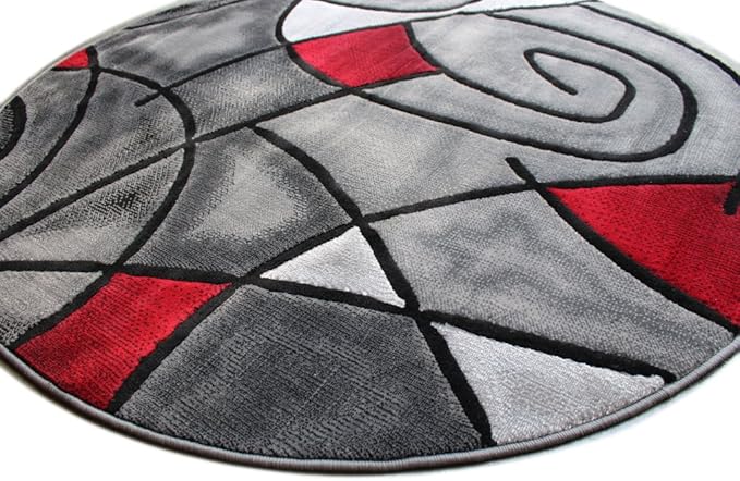 Masada Rugs, Modern Contemporary Round Area Rug, Red Grey Black. (5 Feet X 5 Feet) Round