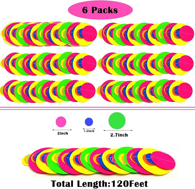 120feet UV Round Dot Paper Neon Garland Neon Streamers Decorations UV Reactive Black Light Party Favors Glow in The Dark Party Supplies for Wedding Birthday Garlands