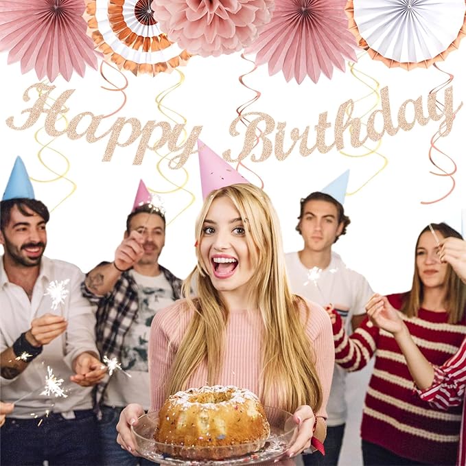 Blush-Pink Rose-Gold Fall Birthday Party-Decorations - 21pcs Boho Happy Banner Sign,Women Paper Lanterns Honeycomb,One Sweet Peach Streamers Garland,Girl Tissue Pom Poms Flowers Fans Decor Burgleda