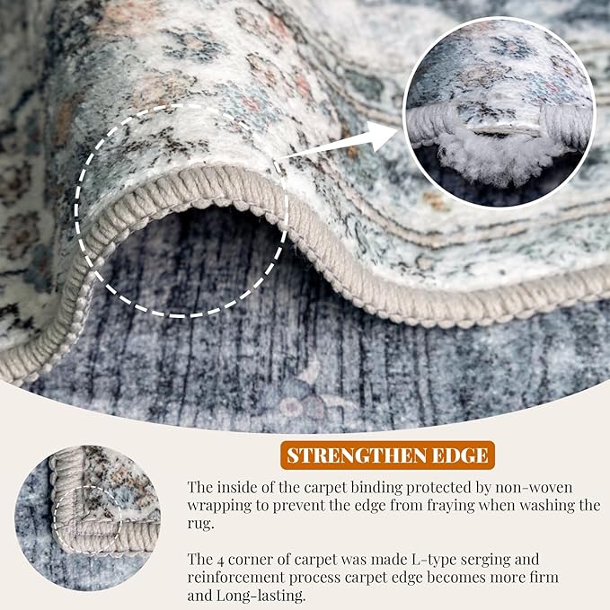 MUJOO 5'x7' Area Rugs Blue Grey Machine Washable Rugs Living Room Rugs Boho Rug for Bedroom Laundry Room Kitchen Non Slip Large Carpet Abstract Soft Low-Pile Floral