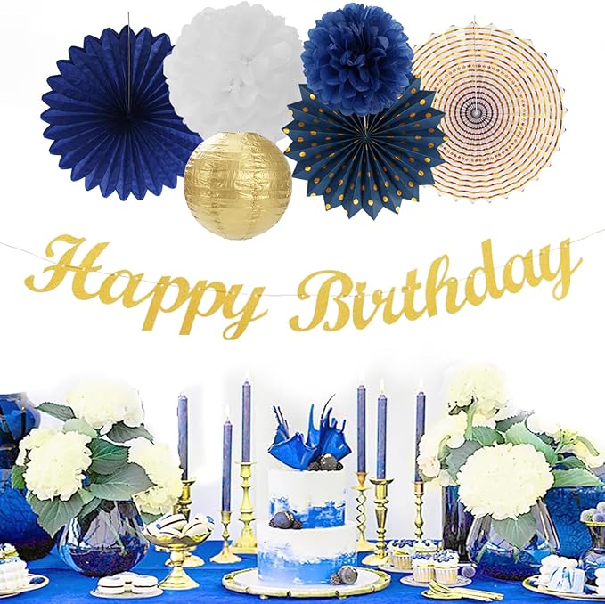 Navy-Blue White Gold Birthday Party-decorations - 21pcs Men Boys Adult Happy Banner Garland, Royal Paper Streamers Lanterns,Flower Tissue Pom Poms Fan Supplies, Wall Backdrop Decor Huglony