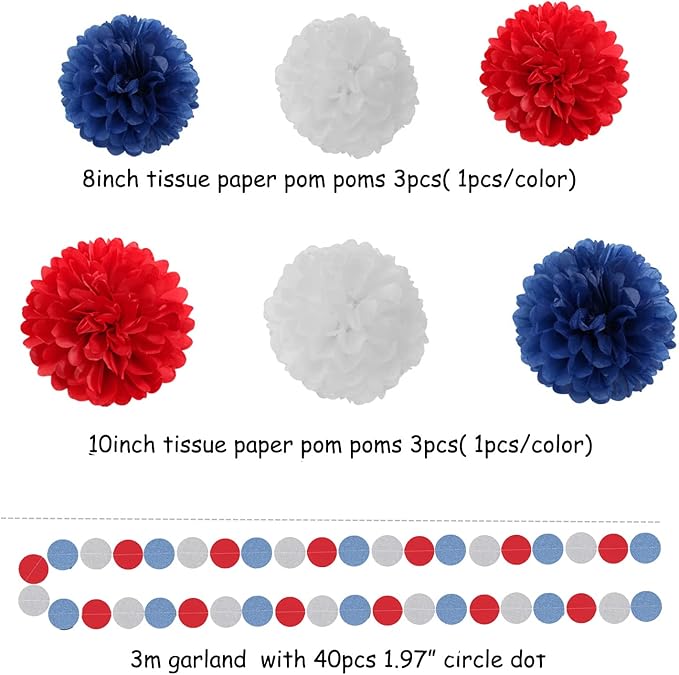 Fourth-4th of July Imemorial-Day Party-Decorations - 23pcs Red White Blue Graduation Banner, USA Patriotic Tassel Garland Streamers, Paper Tissue Pom Poms, America Independence Decor Lasting Surprise