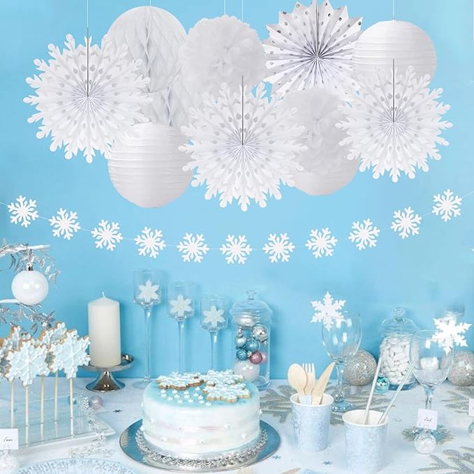 Winter-Wonderland Christmas-Snowflake White Party-Decorations - 21pcs Wedding Baby Shower Snow Banner,Paper Lanterns Honeycomb Streamers,Tissue Pom Poms Flower Fan,Classroom Hanging Decor Huglony