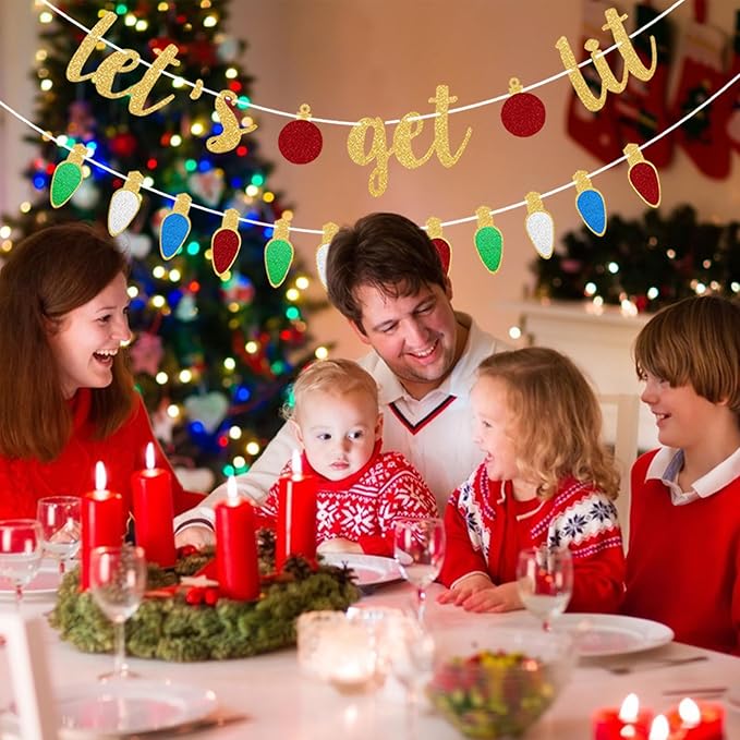 Gold Lets Get Lit Banner Christmas Banner, Christmas Party Decorations, Indoor Outdoor Home Hanging, Decor Yellow Glitter