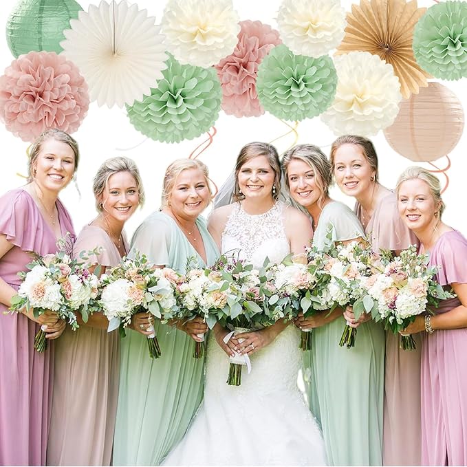 Sage-Green Pink Bridal-Shower Bachelorette Party-Decorations - 22pcs Bride To Be Banner, Beige Paper Lanterns Streamers, Tissue Pom Poms Flowers Fans Favors Wedding Decor Supplies Hugmoon