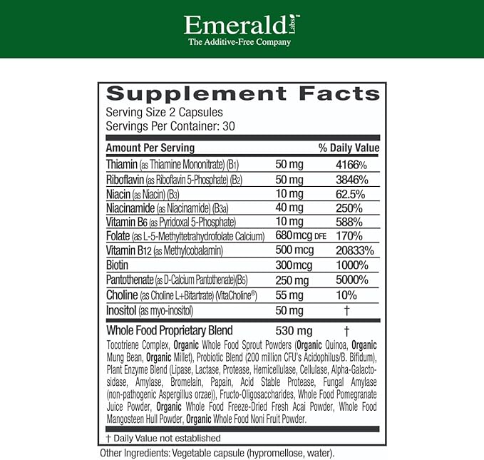 EMERALD LABS B-Healthy - Vegan Vitamin B Complex - Includes Methylated Folic Acid & Full Spectrum B Vitamins - Supports Immune, Brain & Heart Health* - 60 Vegetable Capsules