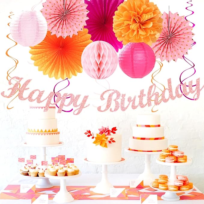 Hot-Pink Orange Fall Birthday Party-Decorations - 21pcs Autumn Women Peach Happy Banner,Girls Groovy Paper Streamers Lanterns Honeycomb,Tissue Flowers Pom Poms Fan, Boho Garland Room Decor