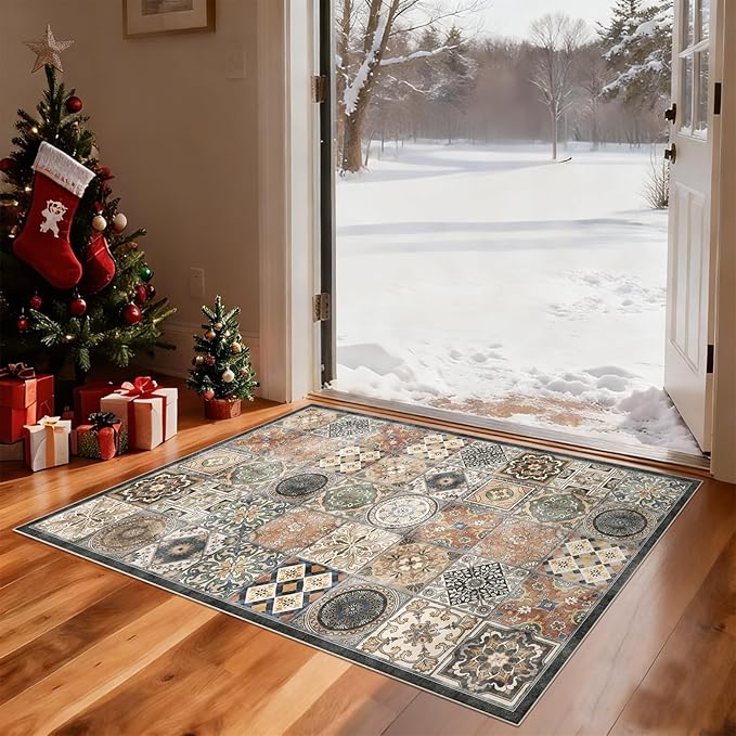 Washable 2'x3' Non Slip Rug Vintage Soft Low Pile Lightweight Small Area Rugs for High-Traffic Areas (Entryway, Kitchen, Hallway), Farmhouse Decor
