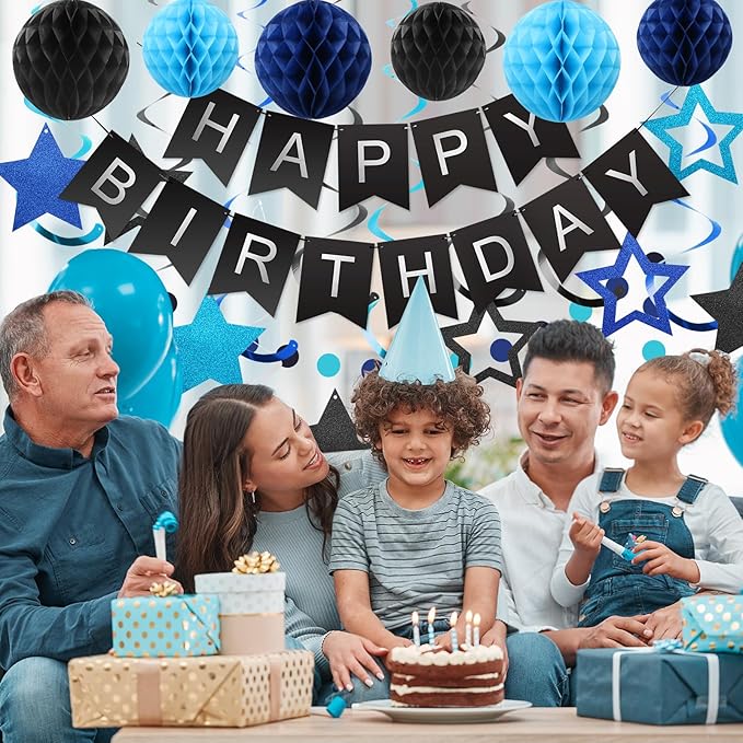 meowtastic Birthday Decorations, Happy Birthday Banner with Honeycomb Ball, Stars Hanging Swirl Streamer, Circle Dots Garland, Happy Birthday Party Decorations for Women Men Boys Girls (Black & Blue)