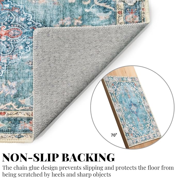 MUJOO 5'x7' Area Rugs Teal Machine Washable Rugs Living Room Rugs Boho Rug for Bedroom Laundry Room Kitchen Non Slip Carpet Abstract Soft Low-Pile Blue Floral