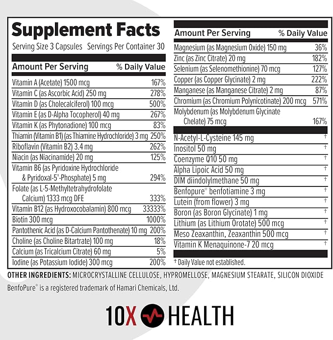 10X Health Optimize Multivitamin for Men - 90 Capsules, Methylated Multivitamin 34 in 1 Formula with 800 mcg of Vitamin B12, 5-MTHF, NAC - Methyl B Complex, MTHFR Supplement