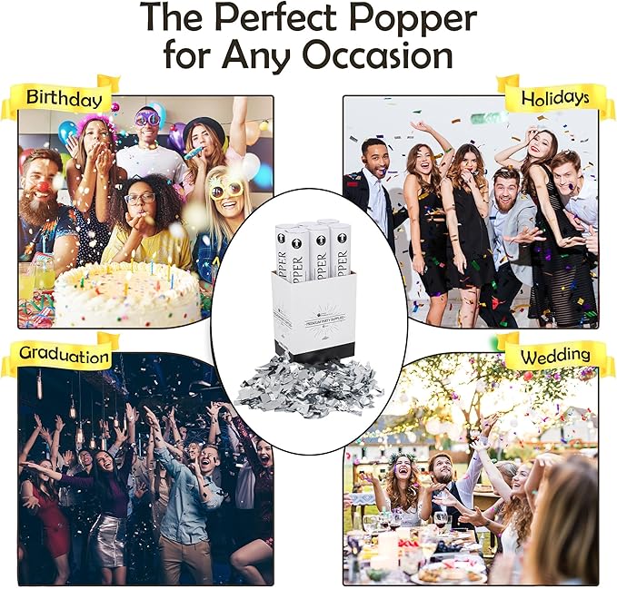 Confetti Cannon 12" – 6 Pack Silver Mylar Confetti Poppers | Party Poppers for Weddings, Birthdays, Graduations & Events | Air-Powered, Safe & Easy to Use | Shoots 25 Feet Indoor & Outdoor