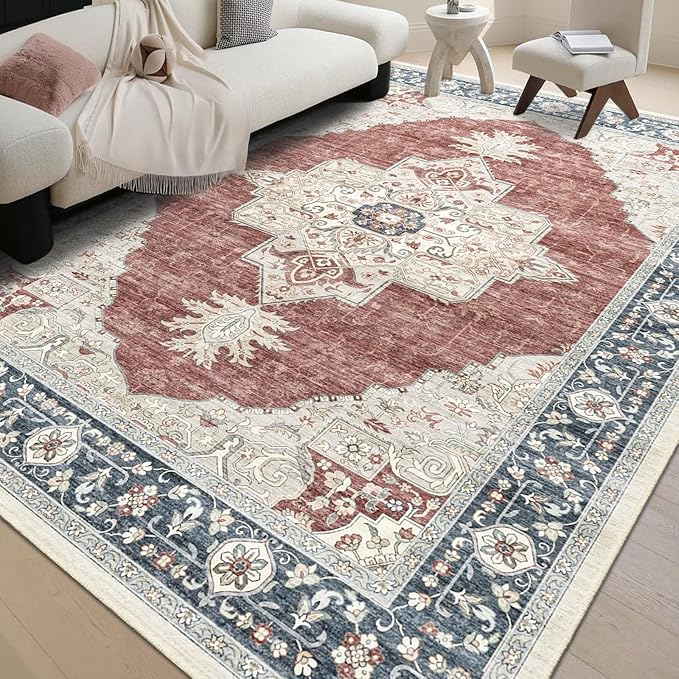 7X9 Washable Vintage Area Rug Boho Distressed Design Non-Shedding Carpet Easy Care Ideal for High Traffic Areas (Brick/Beige, 7x9)