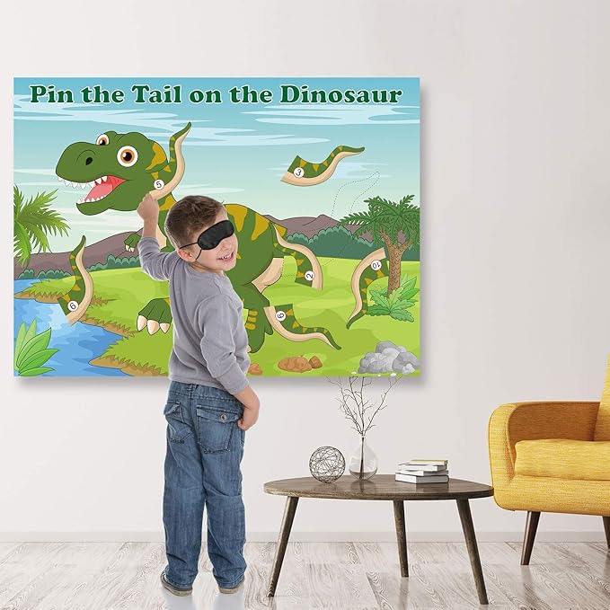 FEPITO Pin The Tail on The Dinosaur Game with 24 Pcs Tails for Dinosaur Birthday Party Supplies, Boys Dinosaur Party Game