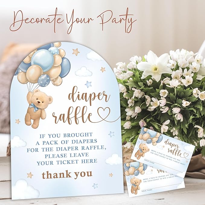 Blue Bear with Balloon Diaper Raffle Game Kit - 50 Tickets & 7x10 Inch Sign with Stand, Gender Neutral Baby Shower Decor, Bear Theme Gender Reveal Party Supplies (B02)