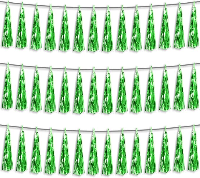 3P Green Foil Fringe Metallic Tassel Streamers Banner Tassel Garland for Parade Floats, Bachelorette, Wedding, Birthday, Halloween, Christmas, Bridal/Baby Shower Party Decorations