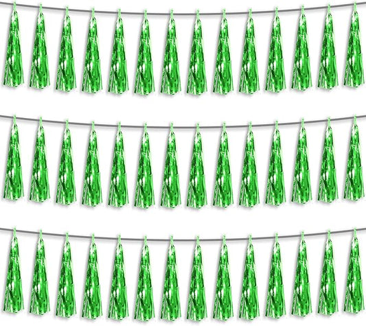 3P Green Foil Fringe Metallic Tassel Streamers Banner Tassel Garland for Parade Floats, Bachelorette, Wedding, Birthday, Halloween, Christmas, Bridal/Baby Shower Party Decorations