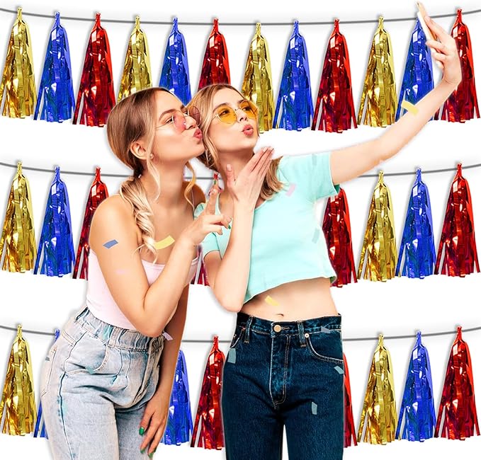 3P Gold Blue Red Foil Fringe Tassel Banner Metallic Tinsel Streamer Garland Wall Curtain Backdrop for Parade Floats, Graduation, Halloween, Christmas, Baby Bridal Shower Party Decorations