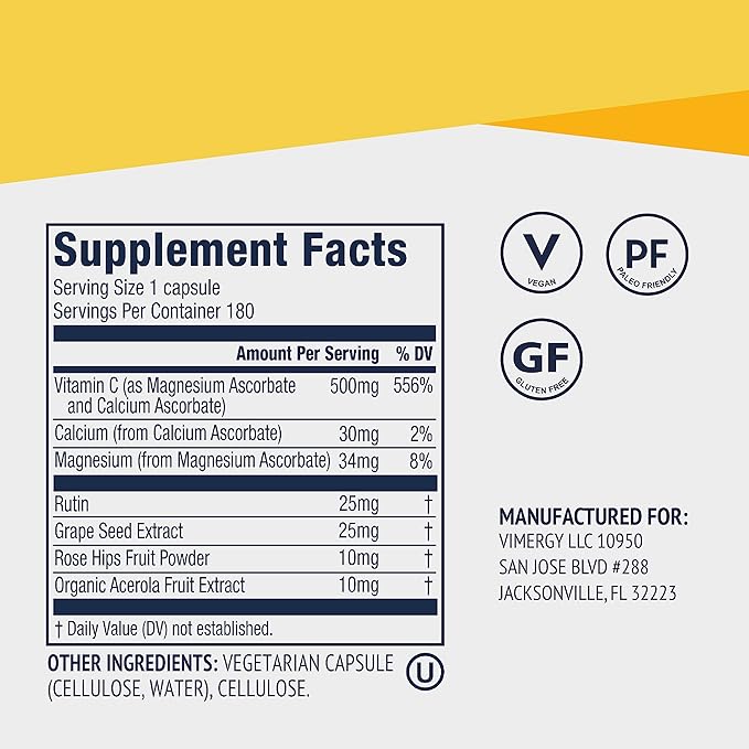 Vimergy Micro-C® Vitamin C Capsules – 500mg per Capsule, Supports Immune Health*, Promotes Collagen Production, Supports Healthy Bones*, Kosher, Vegan & Gluten-Free, Regular Size 180 Capsules