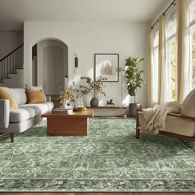8x10 Washable Area Rugs Ultral Soft Non-Slip Stain Resistant Vintage Boho Large Carpet for High-Traffic Living Room & Dining Room