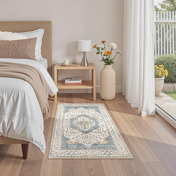 3x5 Washable Entryway Rug: Non-Slip Soft Vintage Floral Indoor Area Rug for Living Room Large Kitchen Entryway Bedroom Bedside, Door Mat Throw Carpet for Laundry Foyer Home Decor (Blue)