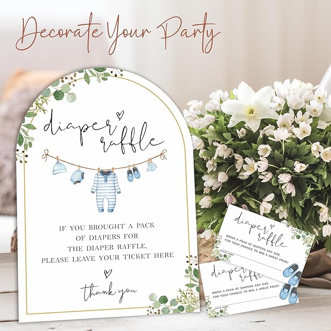 Greenery & Blue Baby Clothes Diaper Raffle Sign, Arched Display Board with Stand - 7x10 Inch Gender Neutral Shower Game Kit, 50 Tickets, Natural Decor (B08)