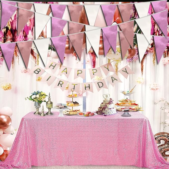 40M/130FT Rose-Gold Pink Triangle Pennant Banner Flag Metallic Fabric Bunting Garland for Christmas Graduation Wedding Engagement Anniversary Bachelorette Birthday Bridal Shower Hen Party Supplies