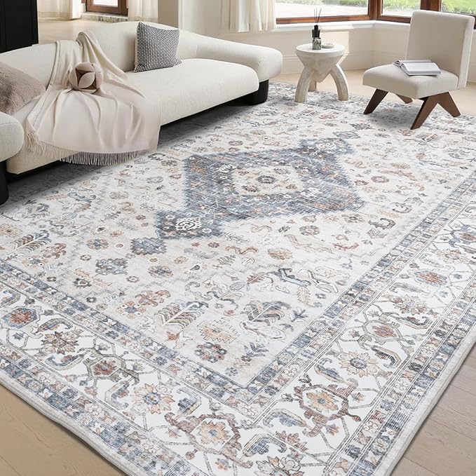 Washable Vintage Area Rug 8x10 - Large Soft Traditional Farmhouse Ultra-Thin Rug for Living Room, Bedroom, Dining Room and Home Office - Distressed Oriental Reto Indoor Floor Carpet Rug…