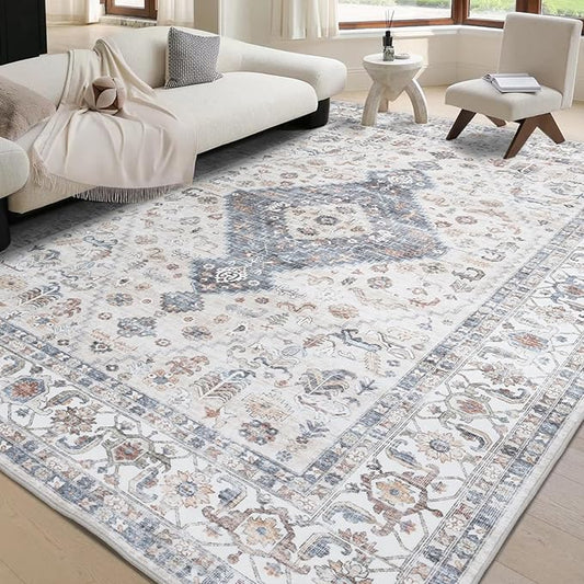 Washable Vintage Area Rug 8x10 - Large Soft Traditional Farmhouse Ultra-Thin Rug for Living Room, Bedroom, Dining Room and Home Office - Distressed Oriental Reto Indoor Floor Carpet Rug…