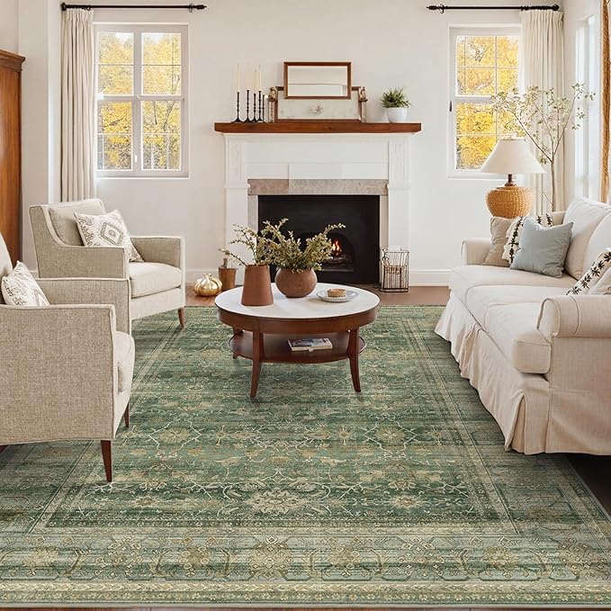 HelloTree Washable Rugs 5x7 Area Rug for Living Room, Vintage Boho Rug Non Slip Carpet Retro Accent Indoor Mat Print Distressed Low Pile Throw Large Rug for Office Bedside-Green