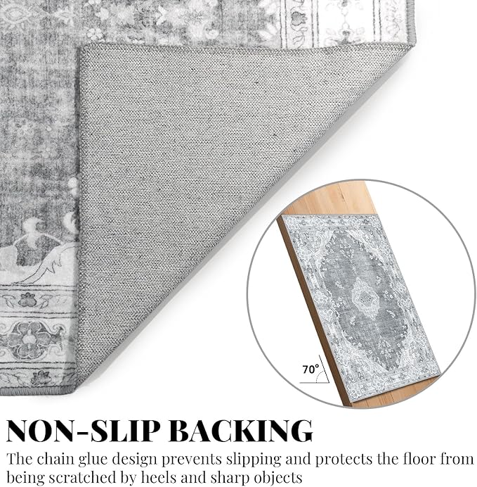 MUJOO Grey Rug 3'x5' Washable, Boho Area Rugs for Entryway Bedroom Living Room Kitchen,Small Vintage Bohemian Distressed Farmhouse Non Slip Carpet,Floral