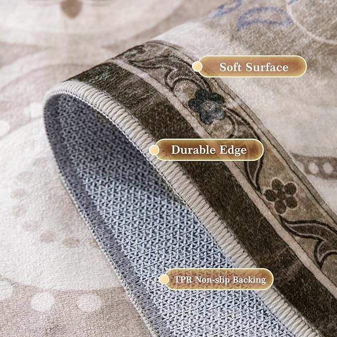 EnHomee Washable Area Rugs 4x6, Soft Area Rug for Living Room Bedroom, Boho Non Slip Low Pile Stain Resistant Washable Rug Large Carpet for Dining Room,Easy to Clean Living Room Rug, Khaki