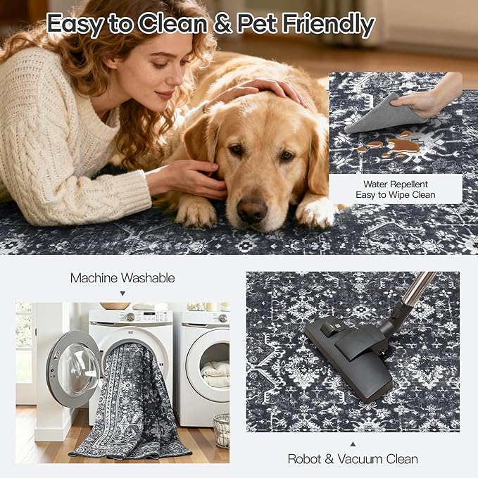 Lofus 5x7 Area Rug for Living Room,Black Washable Area Rugs with Non-Slip Backing,Soft Boho Carpets for Bedroom Dining Room Home Office Indoor Nursery