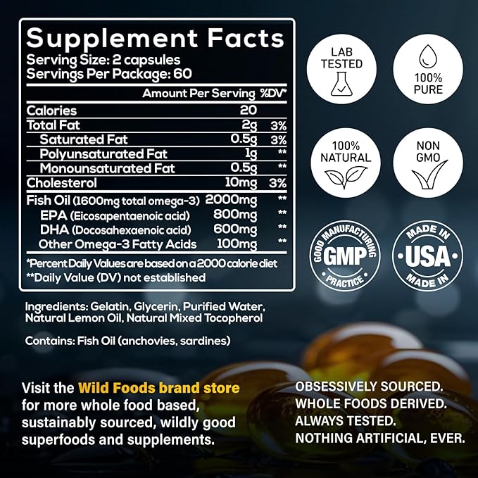 Wild Foods Omega 3 Fish Oil Supplement, 120 Capsules (1 pk) | Wild Caught, Burpless, Odorless, Non-GMO, Gluten Free | DPA, DHA, EPA Triple Strength Heart & Joint Nutrition for Women & Men