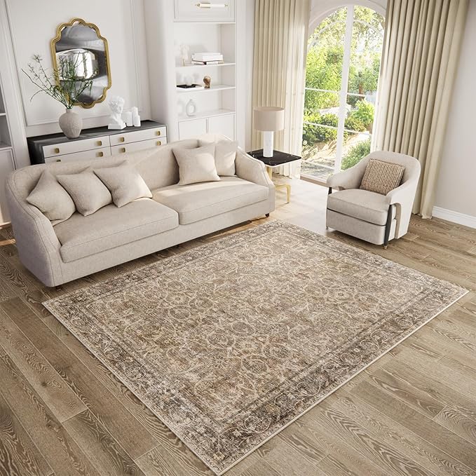 Washable Area Rugs 5'x7' Non-Slip Vintage Boho Distressed Fade Resistant Low Pile Carpet for High-Traffic Living Room, Bedroom & Dining Room