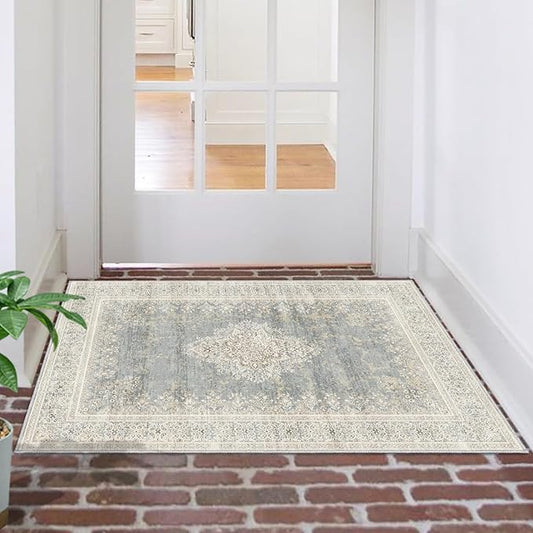 2x3 Entryway Rug Non-Slip Washable Thin Indoor Vintage Rug Low-Pile Floor Carpet for Entrance Bedroom Kitchen Bathroom Beige Grey