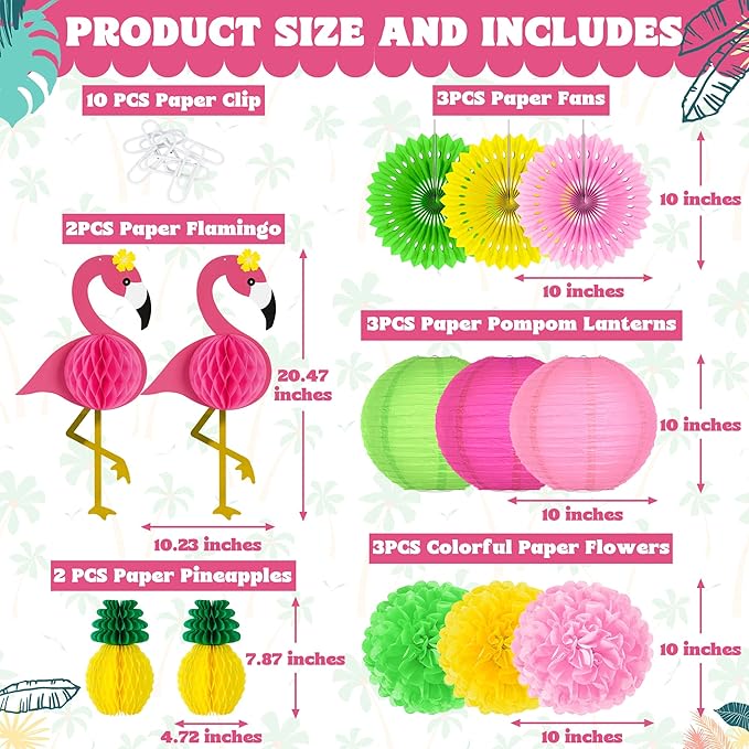 Heartome 13PCS Hawaiian Party Decorations, Luau Party Decorations, Flamingo and Pineapple Honeycomb Paper Flowers Fans and Ball Lanterns for Summer Tropical Beach Party Decorations Supplies Favors