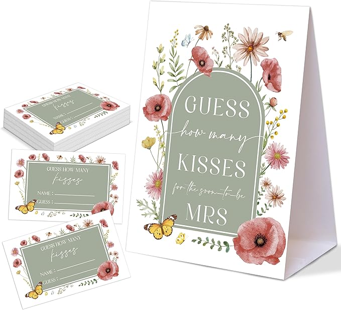 Sage Green Floral How Many Kisses for the Soon to Be Mrs, 1 Tabletop Sign and 50 Cards, How Many Kisses Bridal Shower Game for Bachelorette Night Wedding Event & Party Supplies