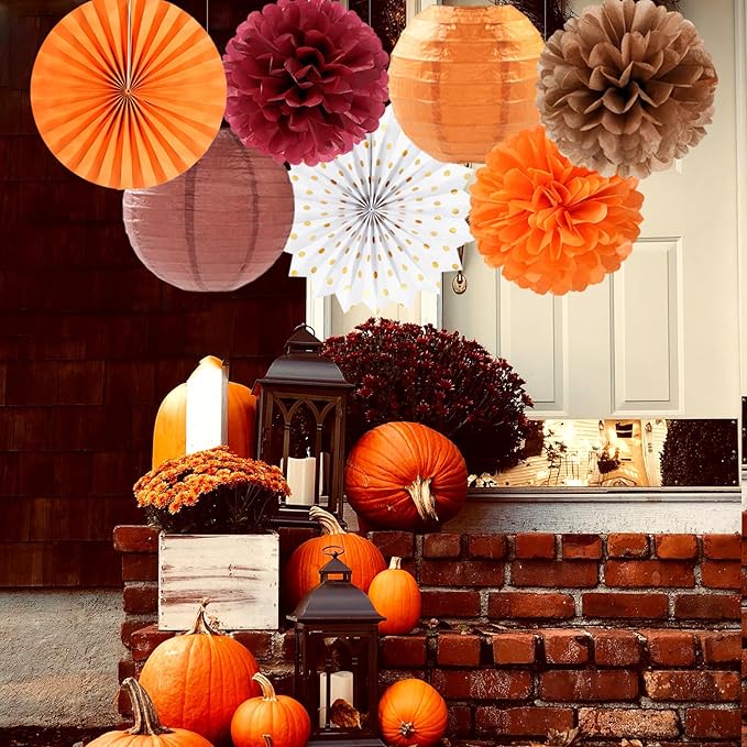 Burgundy Brown-Orange Baby-Shower Boho Party-Decorations - 20pcs Fall Autumn Paper Lanterns Fans,Tissue Pom Poms,Honeycomb Balls,Wedding Birthday Bridal Harvest Thanksgiving Festival Decor Burgleda