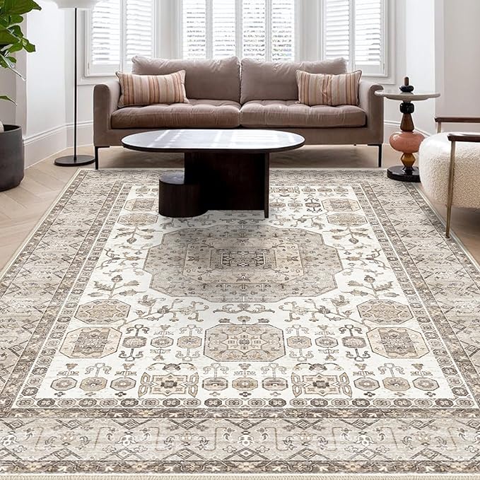 8x10 Area Rug Washable Living Room Carpet Bedroom Rug, Retro Accent Throw Distressed Rug, Easy Cleaning (Cream Beige)